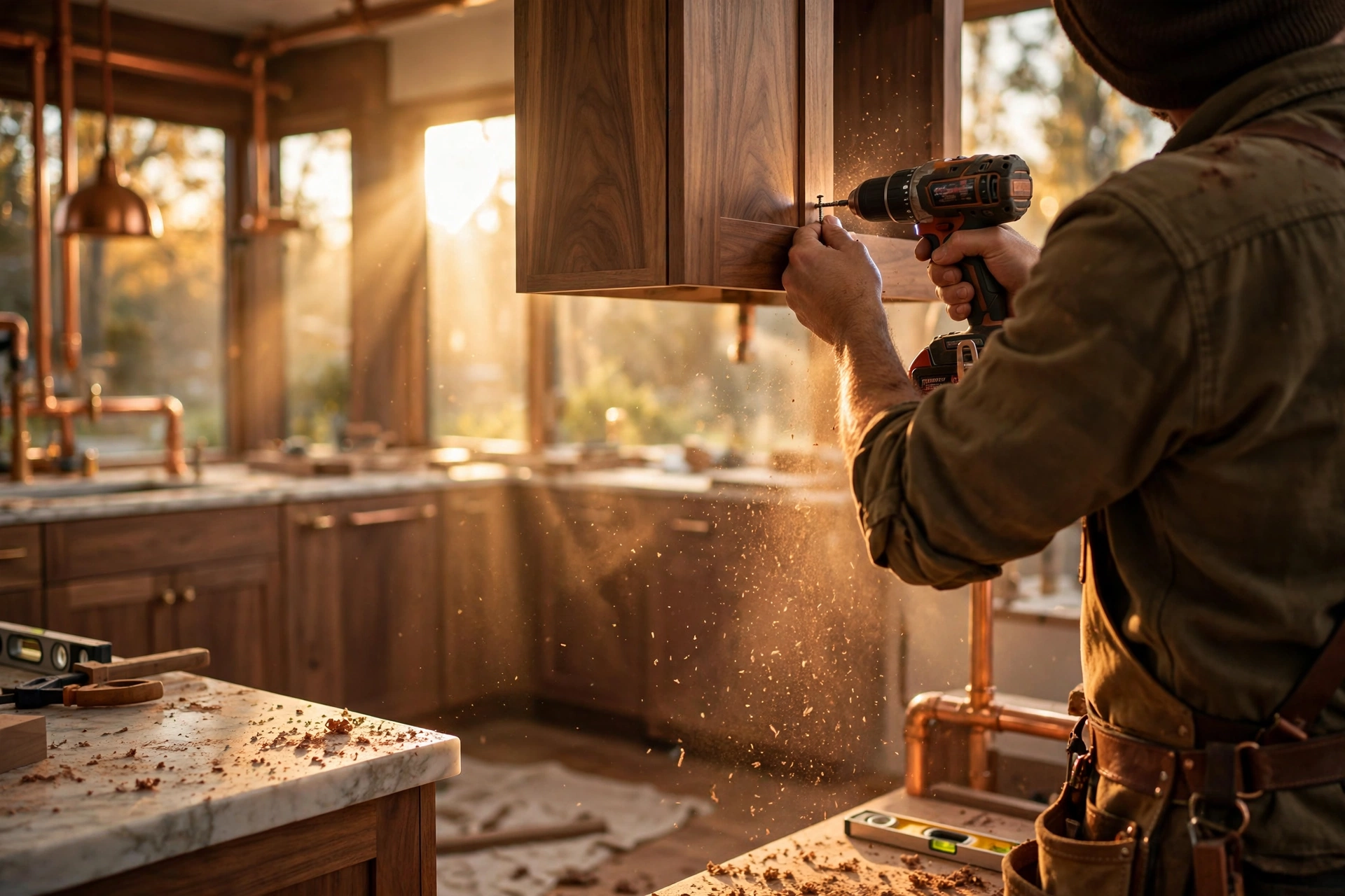 An 8:28 craftsman installing a kitchen in warm light